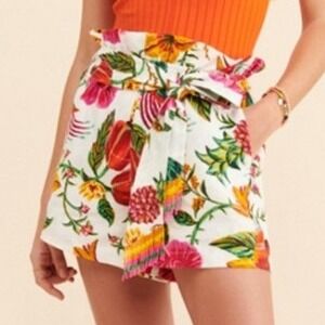 Farm Rio Toucans Garden Paperbag Linen Shorts Tropical Floral Beaded Belt XS